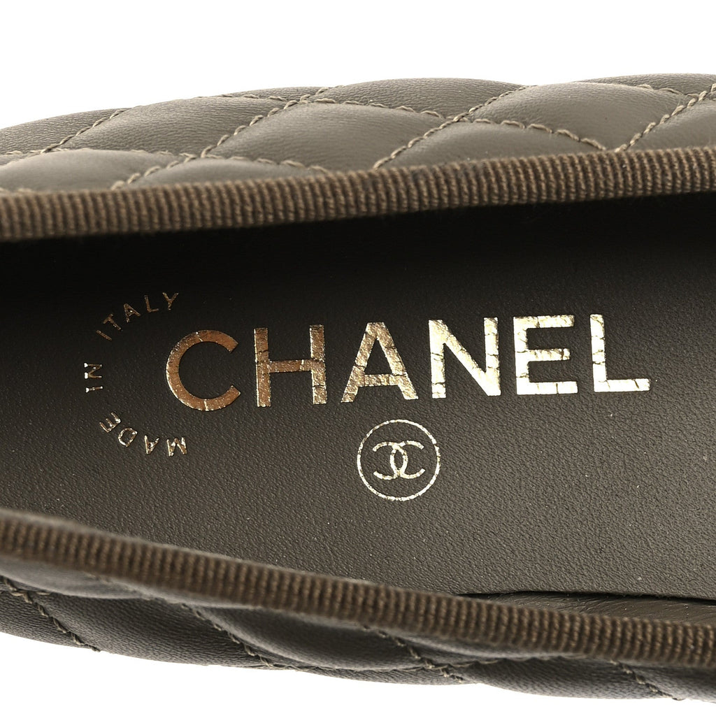 Lambskin Quilted CC Cap Toe Ballerina Flats 37 Dark Khaki