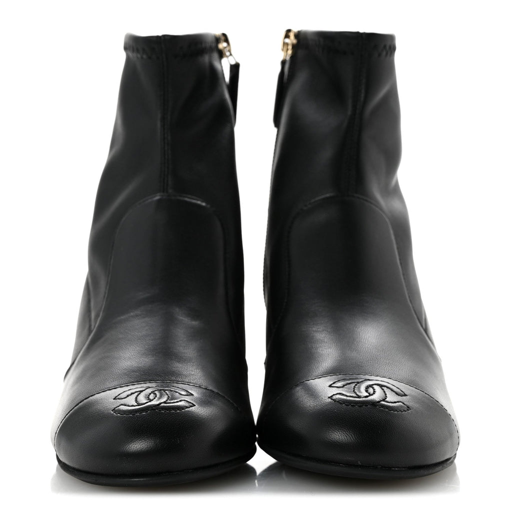 Stretch Lambskin Cap Toe CC Uniform Short Boots 35 Black