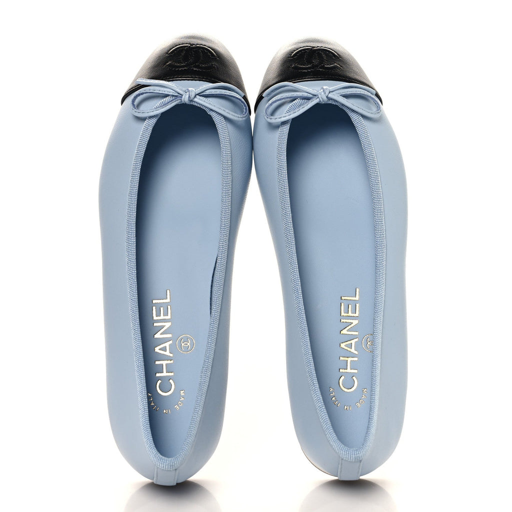 Lambskin Cap Toe CC Ballerina Flats 37 Light Blue Black