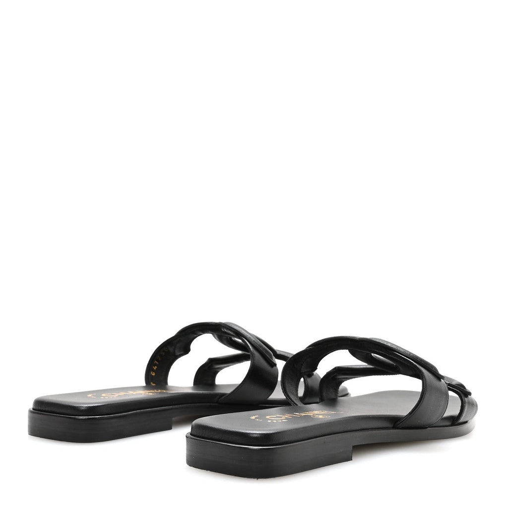 Lambskin CC Cut Out Mules Sandals 36 Black