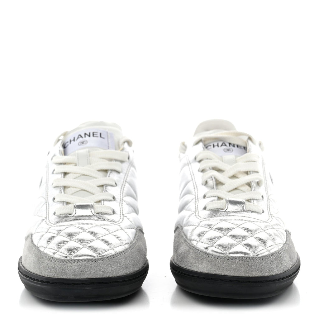 Laminated Calfskin Suede Quilted Womens CC Sneakers 37.5 Silver White Gray
