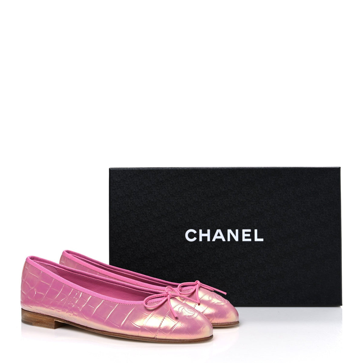 Iridescent Calfskin Crocodile Embossed Ballerina Flats 36.5 Pink