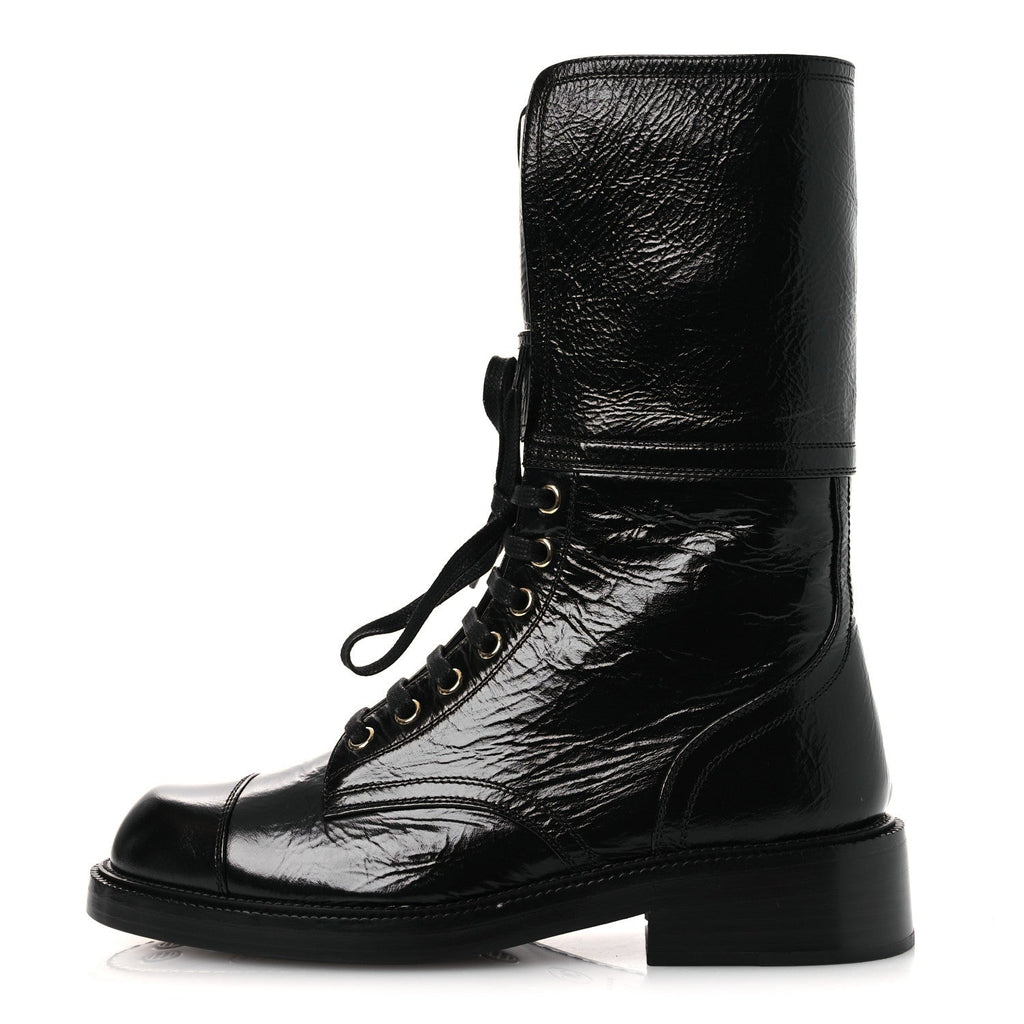 Shiny Calfskin Lace Up Combat Boots 38.5 Black