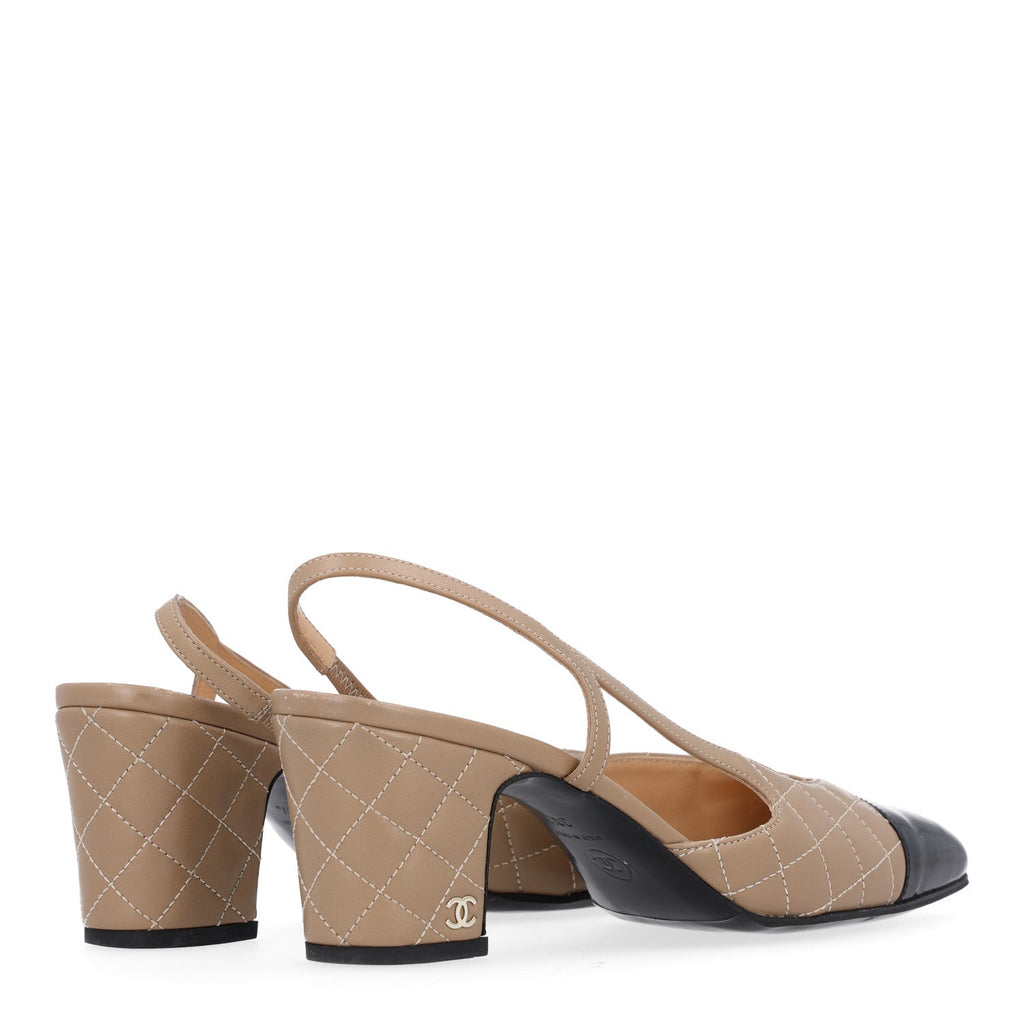 Lambskin Patent Calfskin Quilted Cap Toe CC Slingback Pumps 38.5 Beige Black