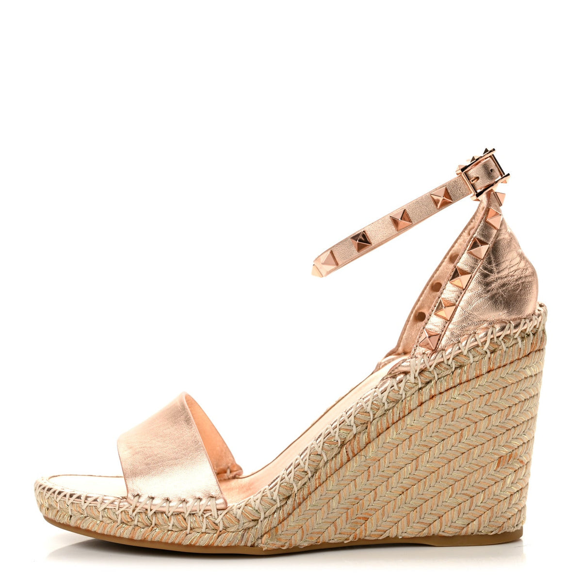 Metallic Grained Calfskin Rockstud Crisscross Ankle Strap Espadrille Wedge Sandals 40 Rame