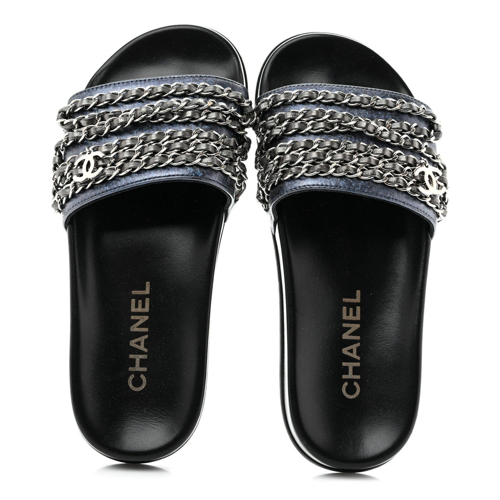 Fantasy Lambskin Chain Slides Sandals Flats 35 Blue
