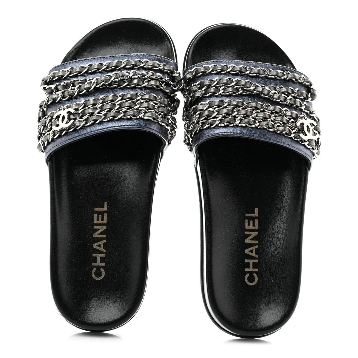 Fantasy Lambskin Chain Slides Sandals Flats 35 Blue