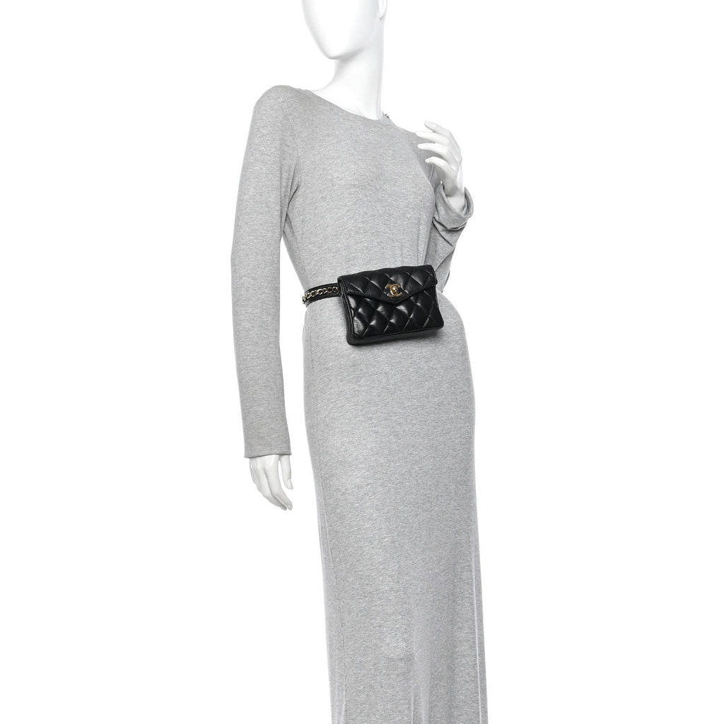 Lambskin Quilted Flap Waist Belt Bag 75 30 Black
