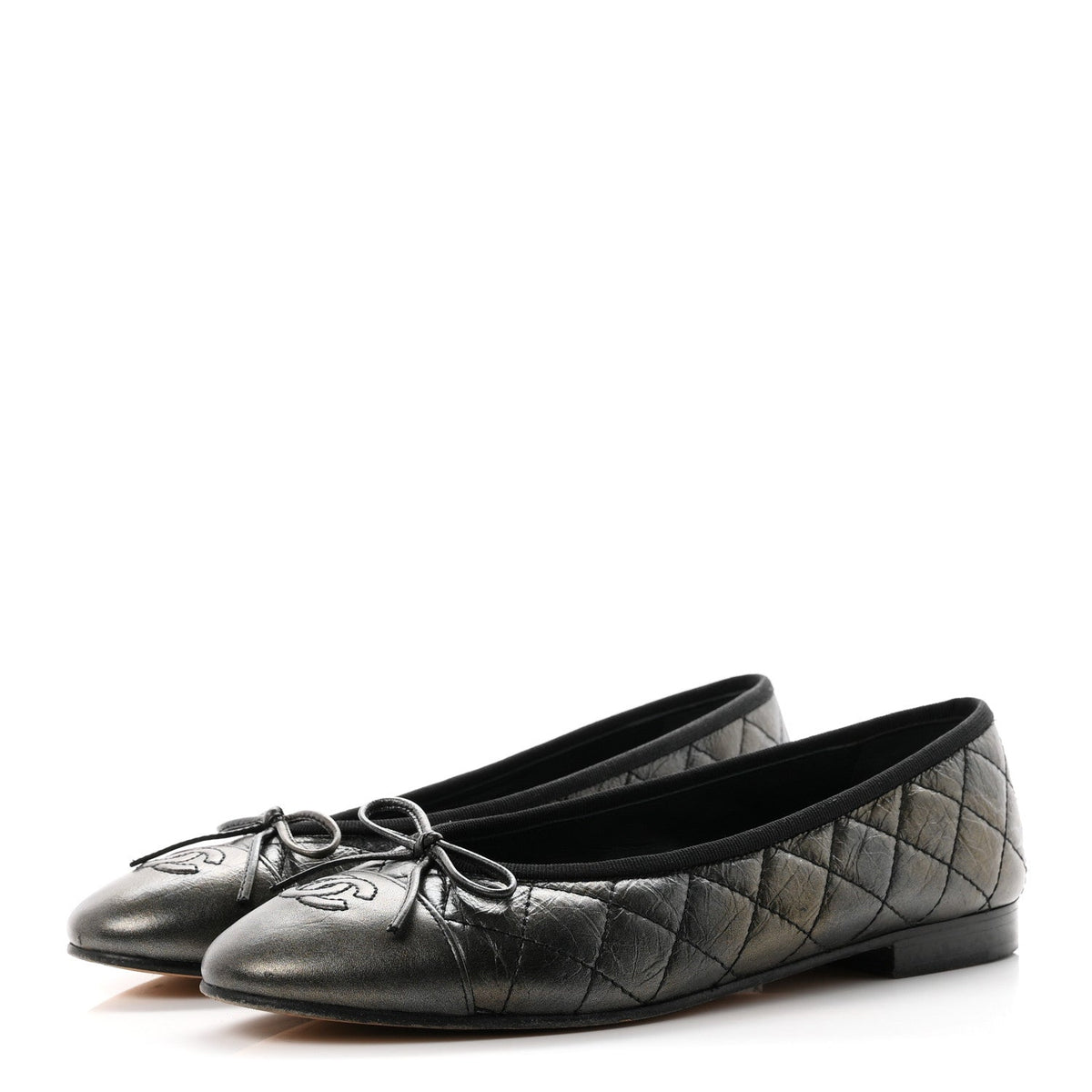 Metallic Aged Calfskin Quilted CC Cap Toe Ballerina Flats 38.5 Dark Silver