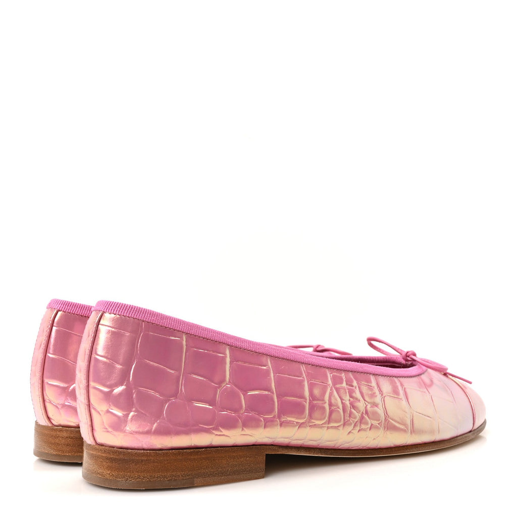 Iridescent Calfskin Crocodile Embossed Ballerina Flats 38 Pink