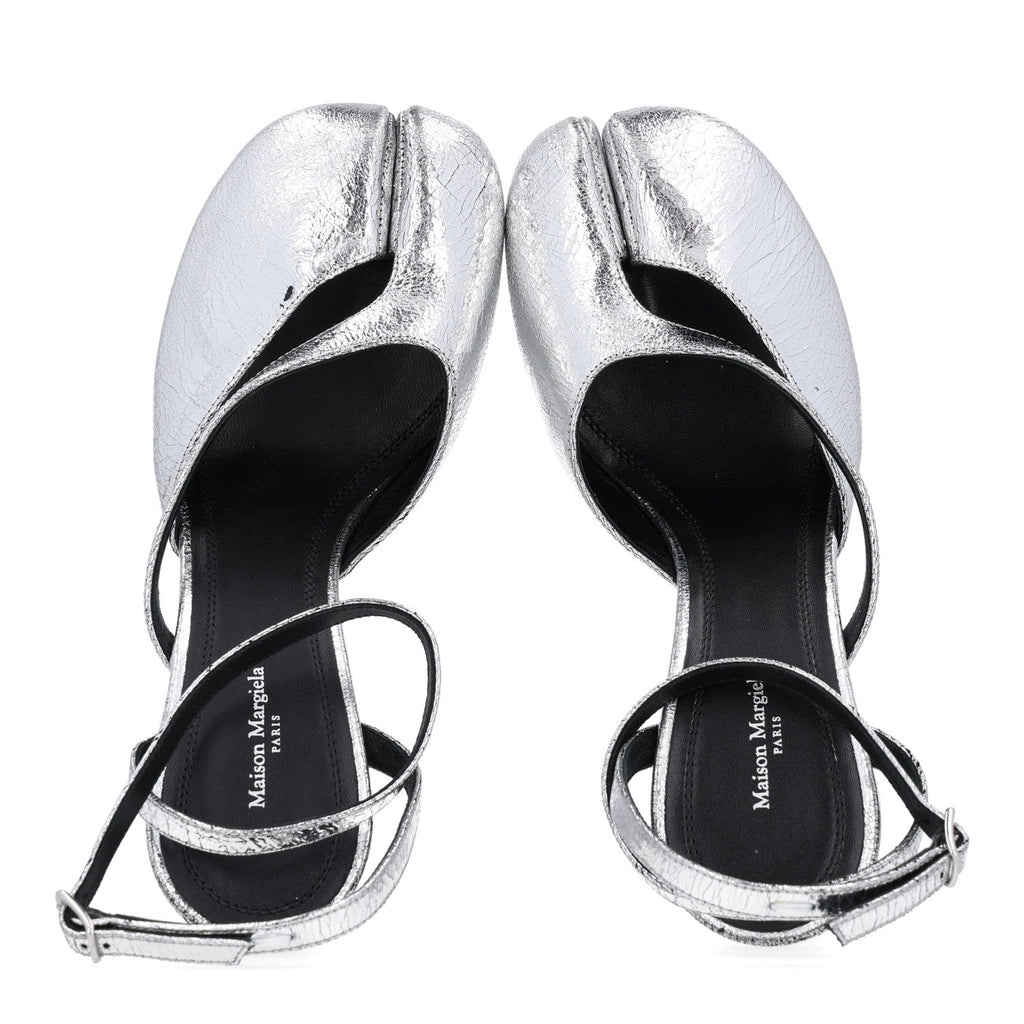Broken Mirror Calfskin Tabi 80mm Sandal Pumps 38.5 Silver