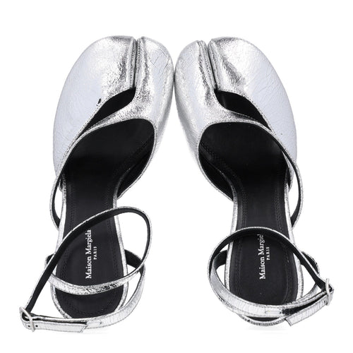 Broken Mirror Calfskin Tabi 80mm Sandal Pumps 38.5 Silver