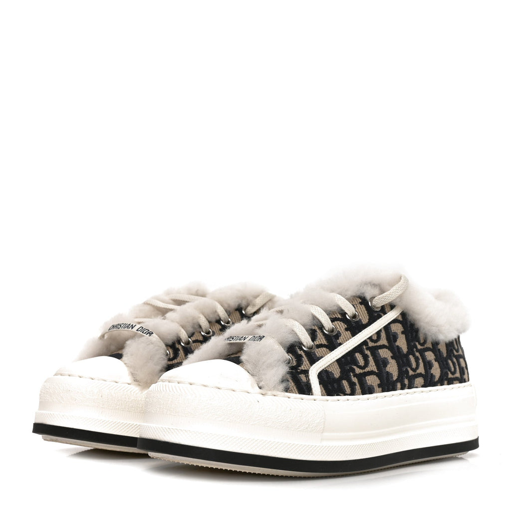 Canvas Oblique Shearling Walk'N'Dior Platform Sneakers  38.5 Deep Blue