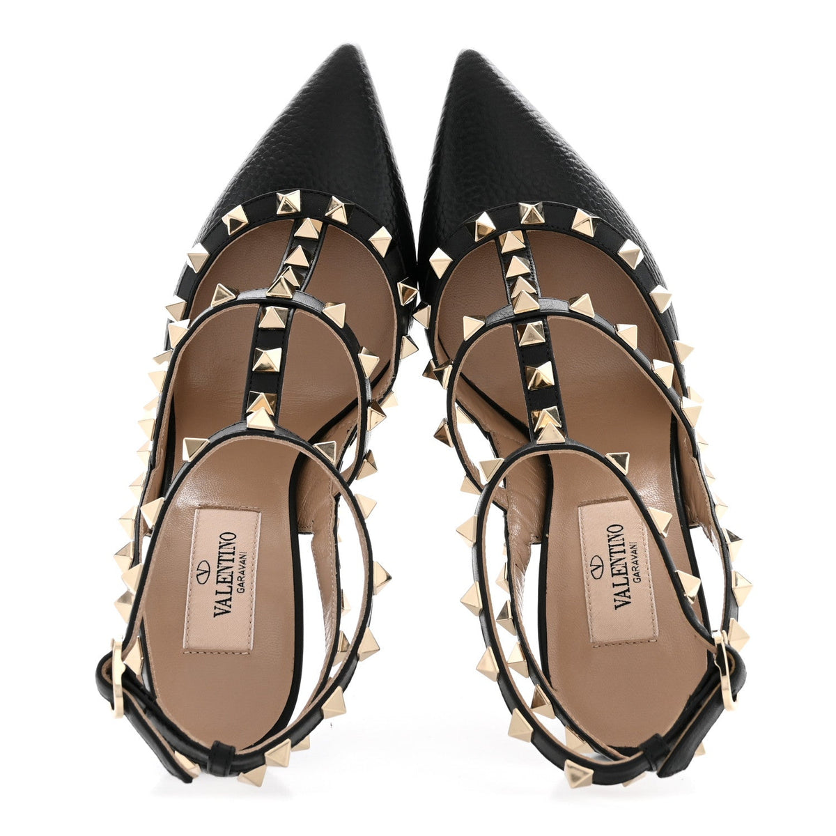 Pebbled Calfskin Rockstud Ankle Strap 100mm Pumps 36 Black