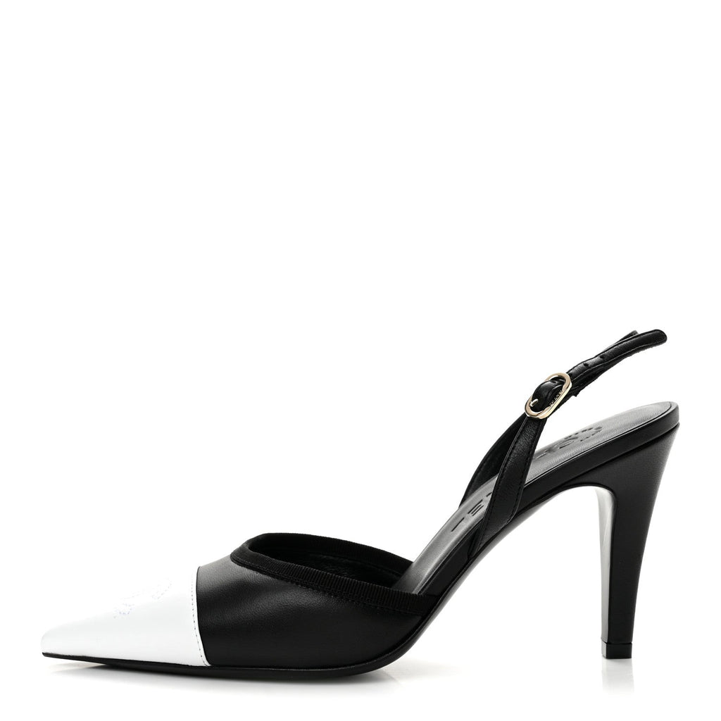 Lambskin Pointed Cap Toe CC Slingback Pumps 36 Black White