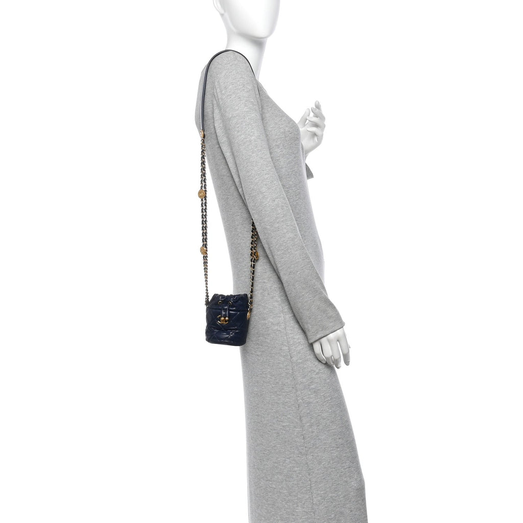Caviar Quilted Twist Your Buttons Mini Bucket Bag Navy