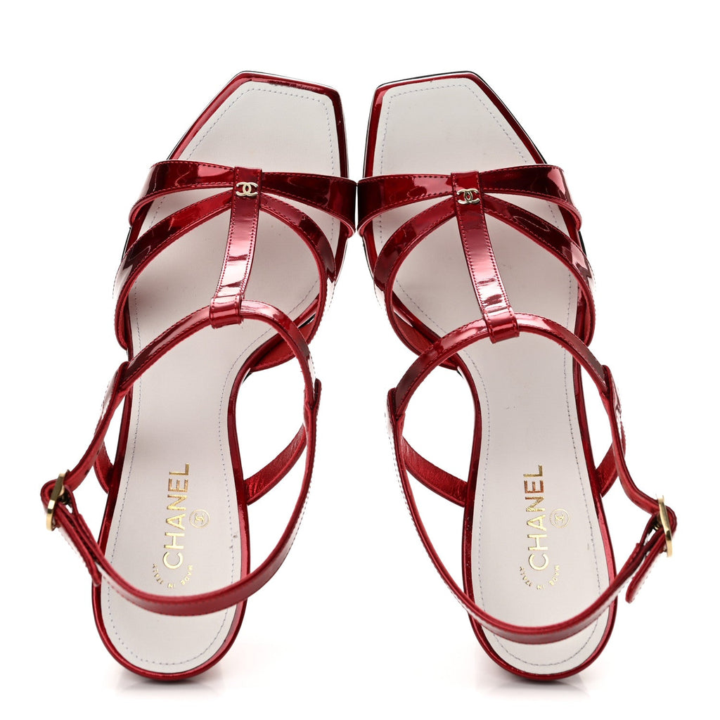 Laminated Calfskin Block Heel Sandals 37.5 Red