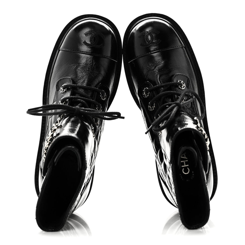 Shiny Lambskin Quilted Lace Up Combat Boots 38.5 Black