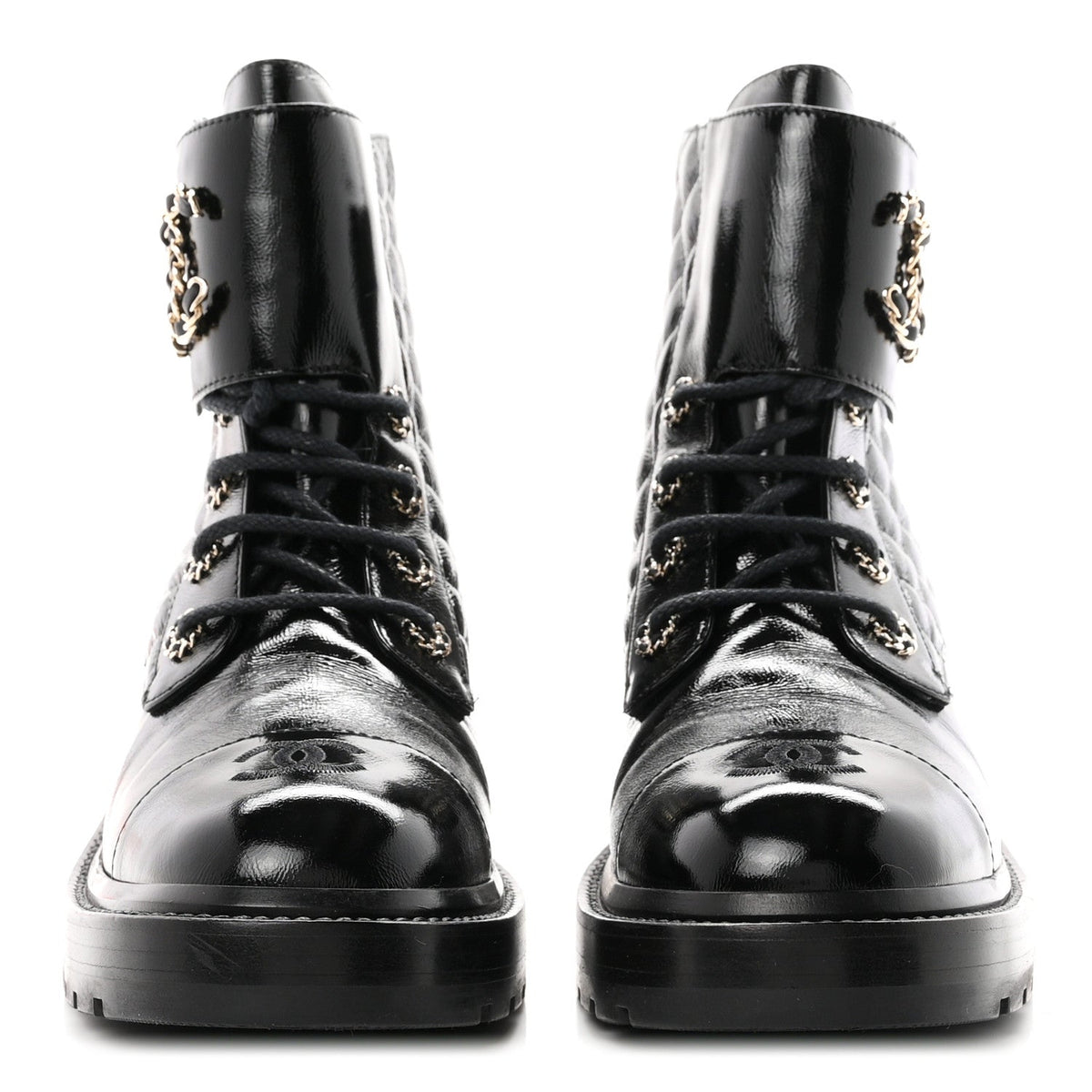 Shiny Calfskin Quilted Lace Up Combat Boots 40.5 Black