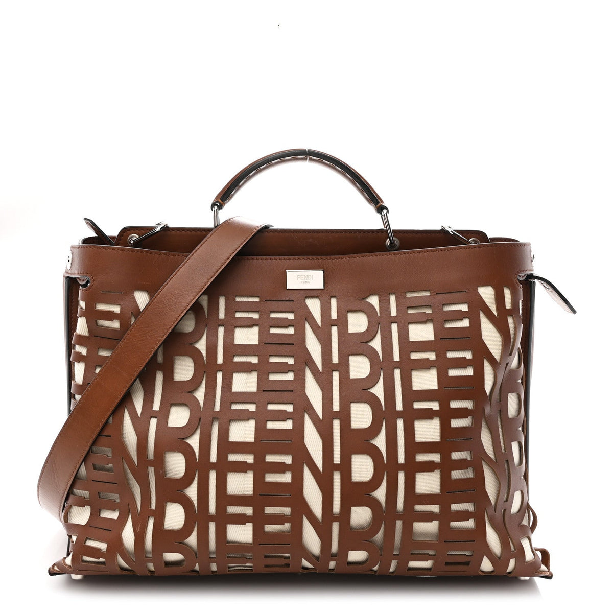 Canvas Calfskin Laser Cut Large Peekaboo Iconic Essential Satchel Brown