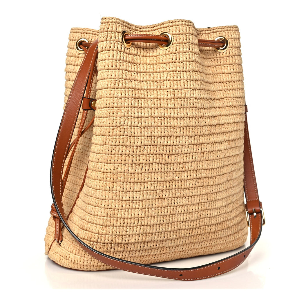 Raffia Calfskin Triomphe Drawstring Bucket Natural Tan