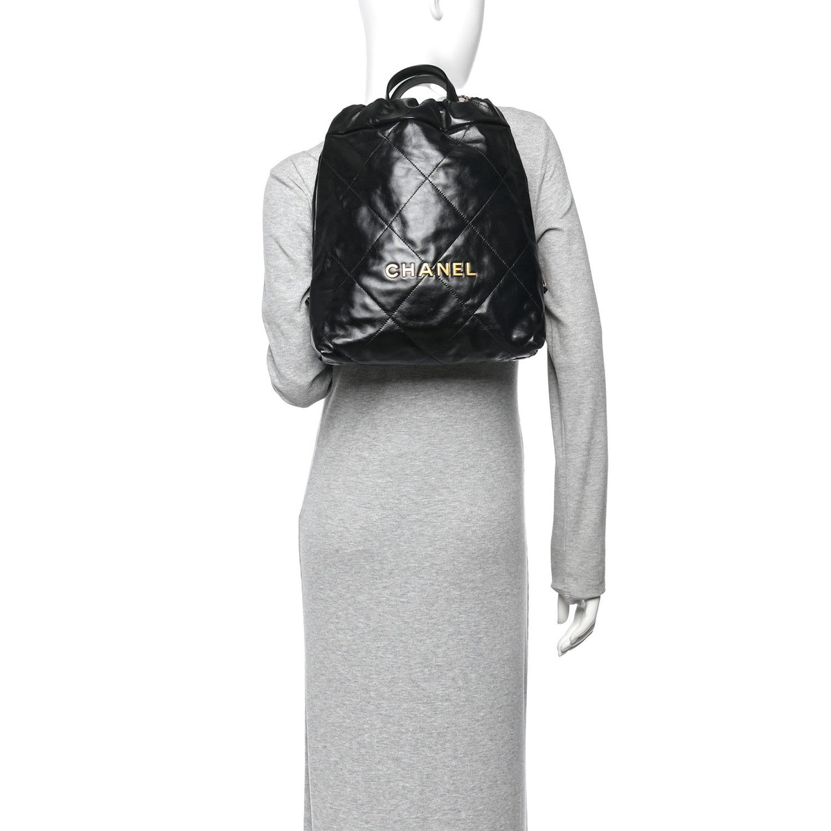 Shiny Calfskin Quilted Chanel 22 Backpack Black