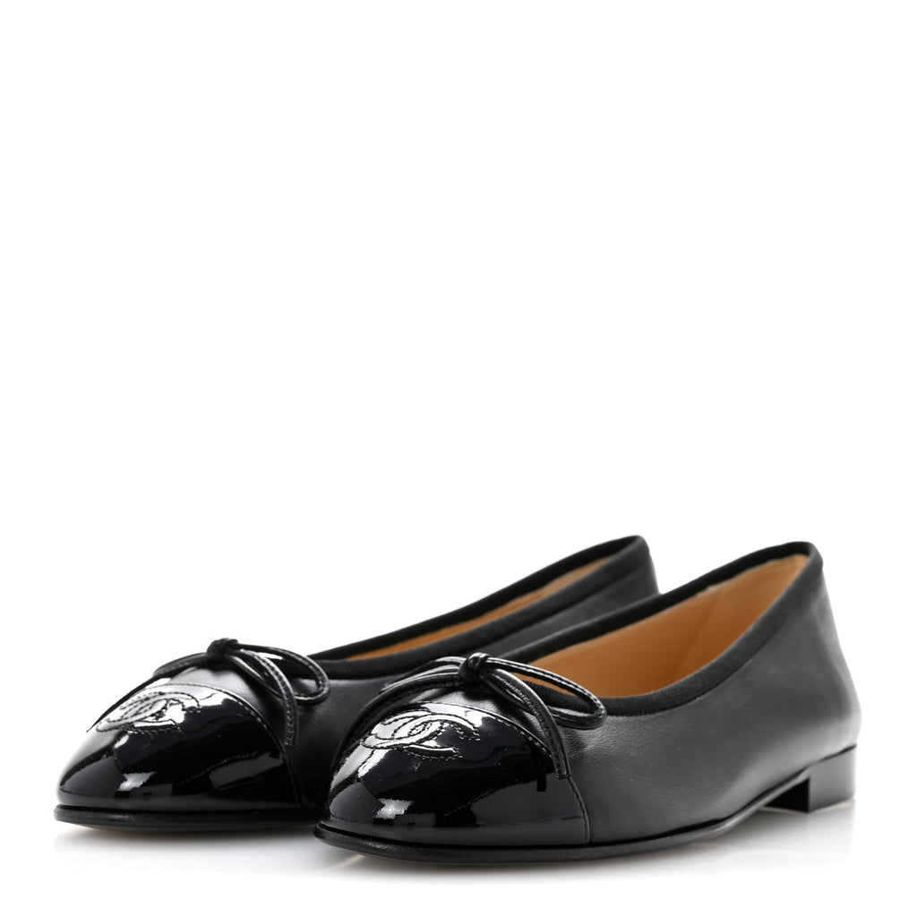 Lambskin Patent Cap Toe Ballerina Flats 36 Black