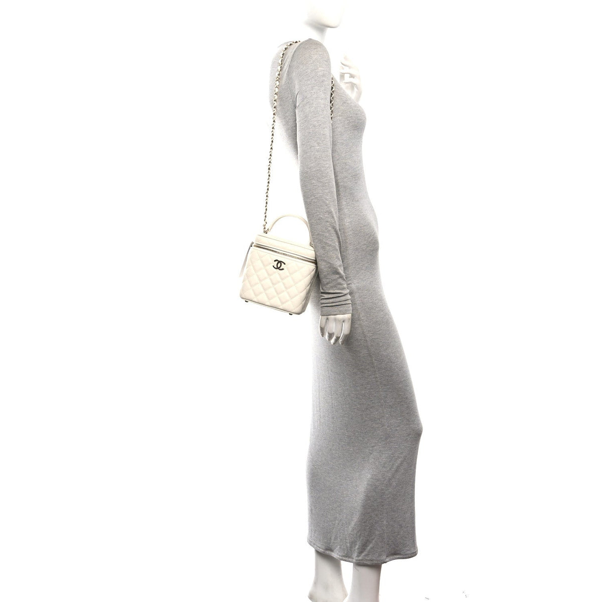 Caviar Quilted Small Top Handle Vanity Case With Chain White