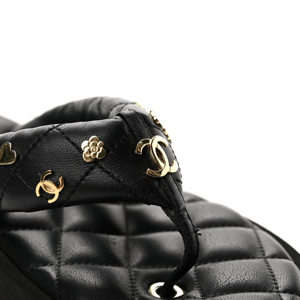 Lambskin Quilted Padded Charms Thong Sandals 38 Black
