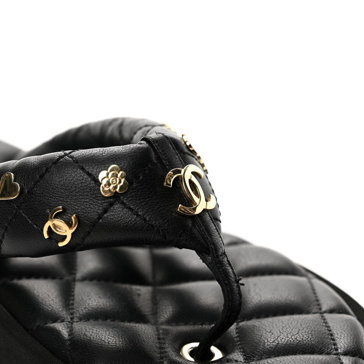 Lambskin Quilted Padded Charms Thong Sandals 38 Black