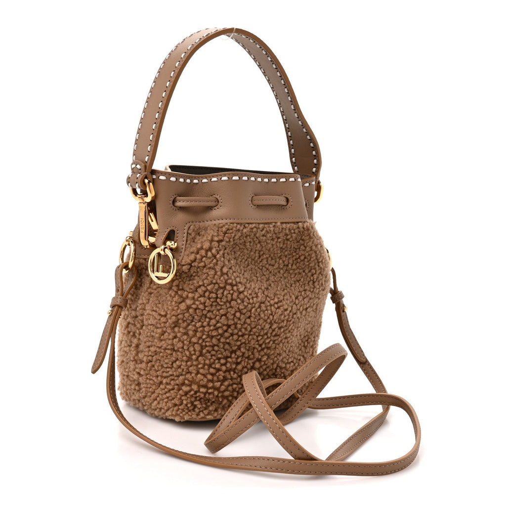 Shearling F is Fendi Macro FF 1974 Diagonal Mini Mon Tresor Bucket Bag Grace Camel