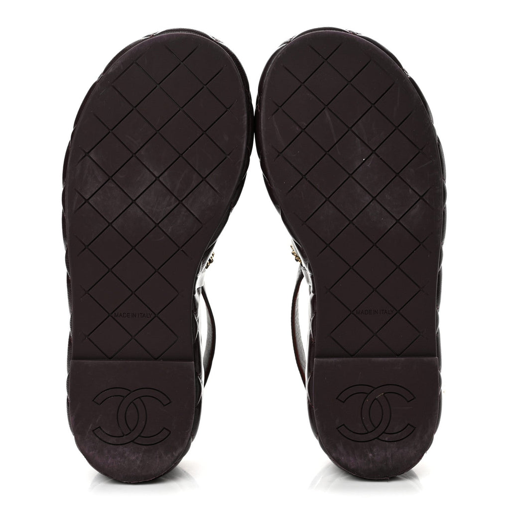 Shiny Lambskin Quilted Chain Around CC Platform Sandals 36 Burgundy