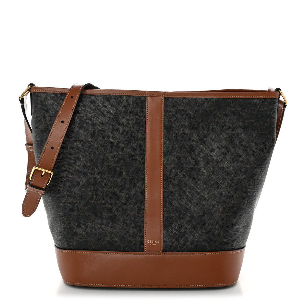 Triomphe Canvas Calfskin Medium Bucket Bag Tan