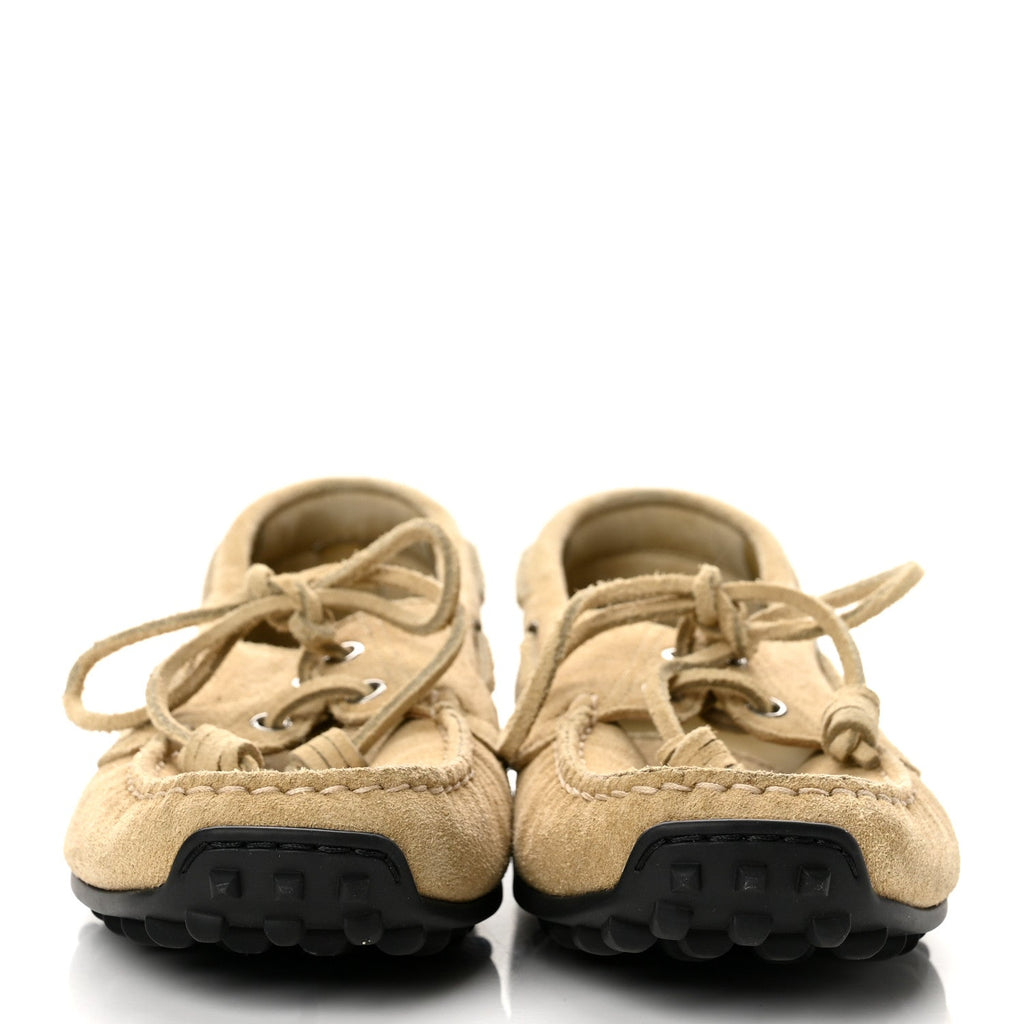 Suede Calfskin Womens Member Lazy Loafers 39.5 Beige Albatre