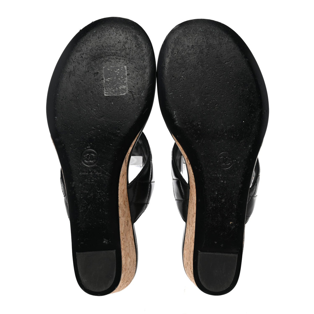 Shiny Goatskin Cork CC Wedge Sandals 39 Black