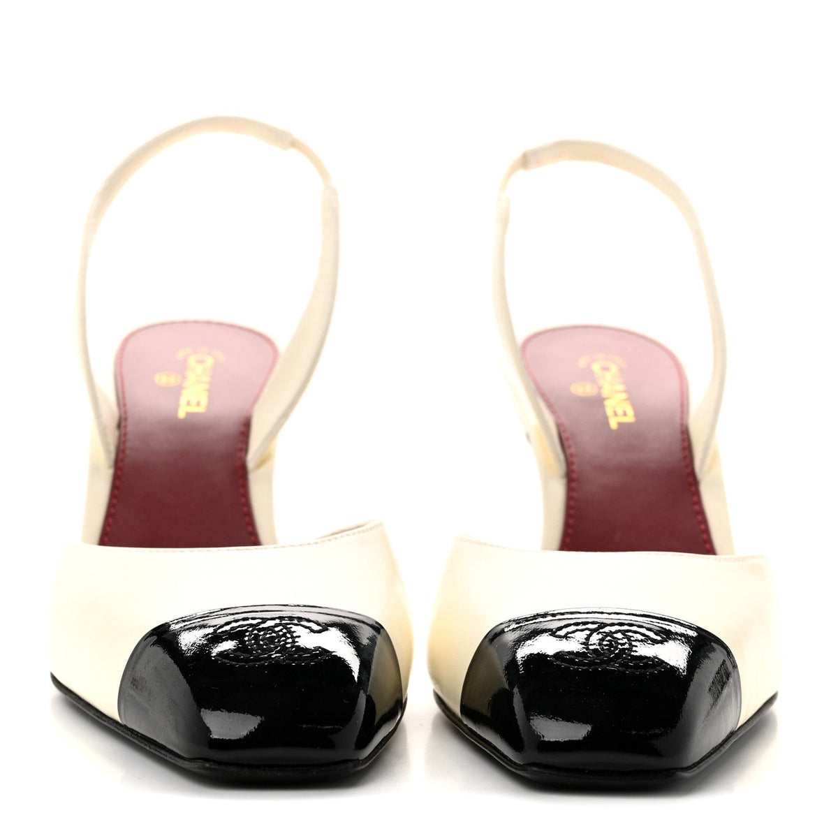 Lambskin Patent Calfskin Cap Toe CC Slingback Pumps 41 Ivory Black