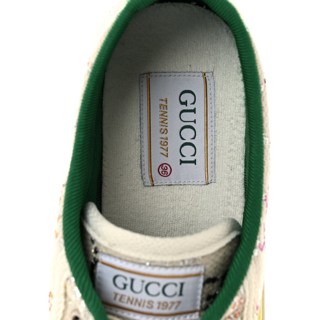 Canvas Lame Crystal GG Monogram Womens 1977 Tennis Sneakers 36 Gardenia Silver Mystic White