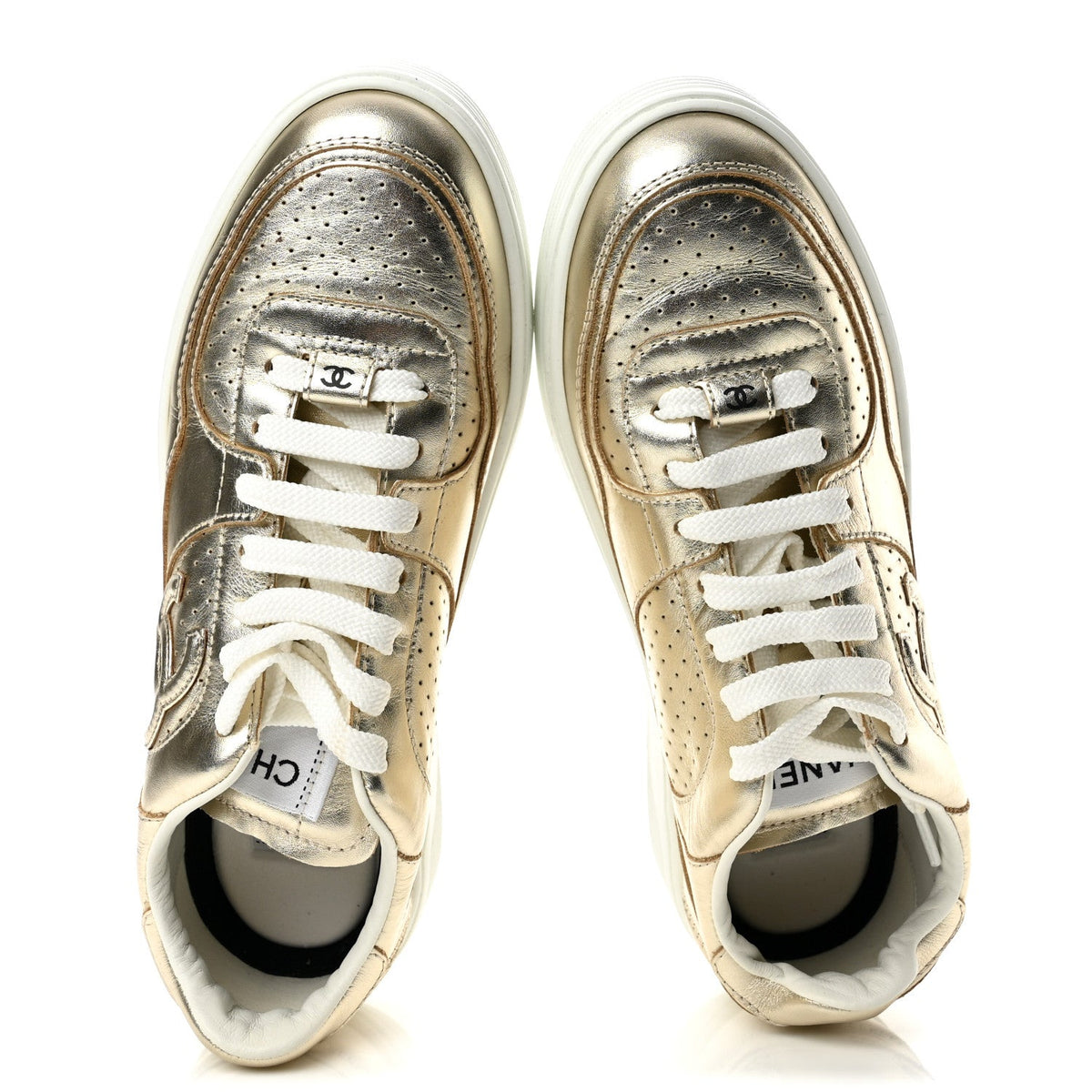 Laminated Calfskin CC Womens Sneakers 38 Golden