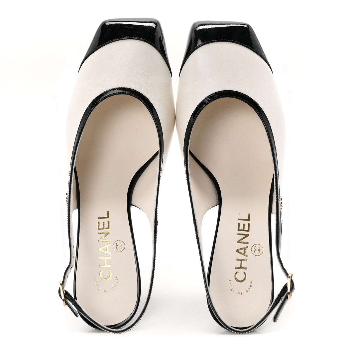 Lambskin Patent Calfskin Cap Toe CC Slingback Pumps 38 White Black