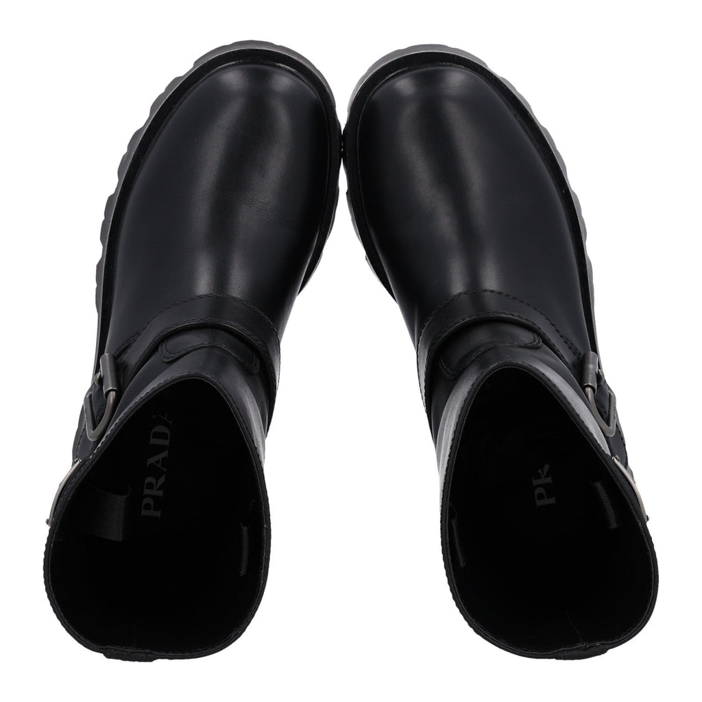 Calfskin Metal Triangle Logo Buckled Booties 36 Black