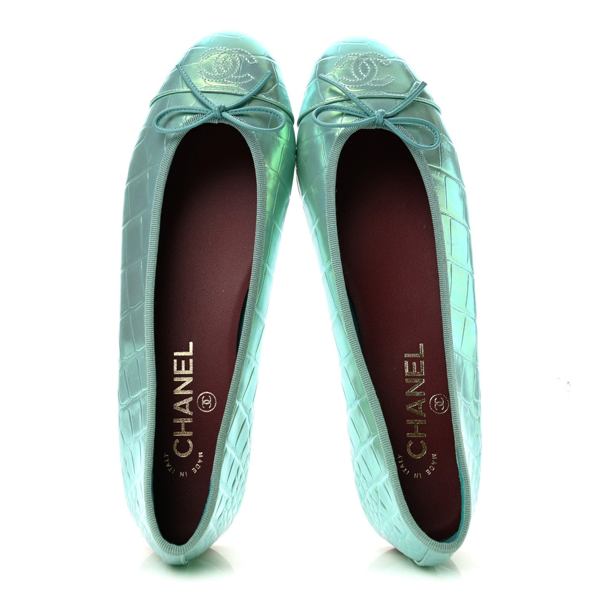 Iridescent Calfskin Crocodile Embossed Ballerina Flats 39.5 Green