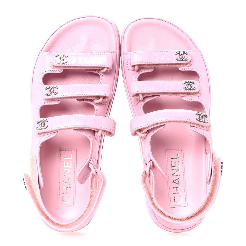 Lambskin Crystal CC Velcro Dad Sandals 35.5 Light Pink