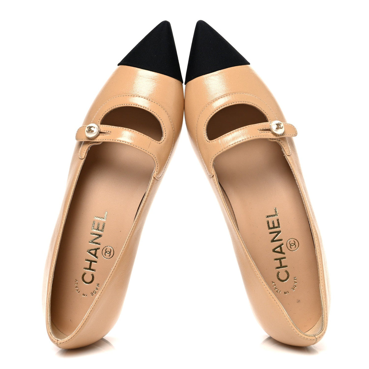Shiny Lambskin Grosgrain Pointed Toe CC Ballet Flats 36 Beige Black
