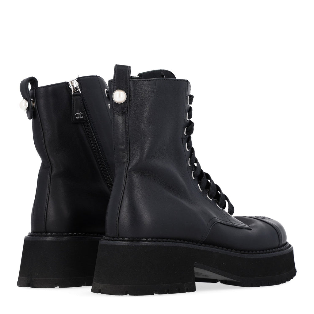 Calfskin Cap Toe Lace Up Combat Boots 37 Black