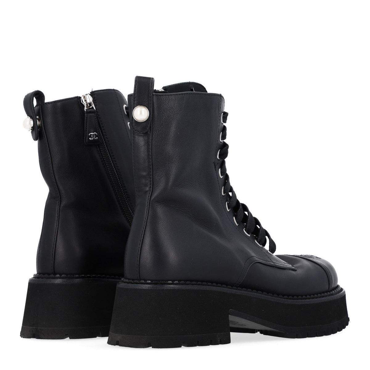 Calfskin Cap Toe Lace Up Combat Boots 37 Black