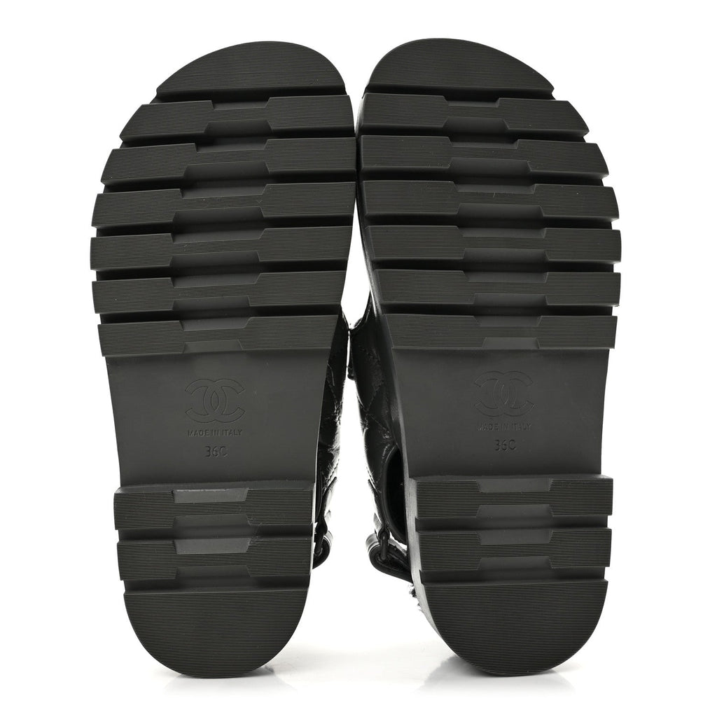 Laminated Lambskin Shearling Crystal CC Velcro Dad Platform Sandals 36 Dark Grey Black