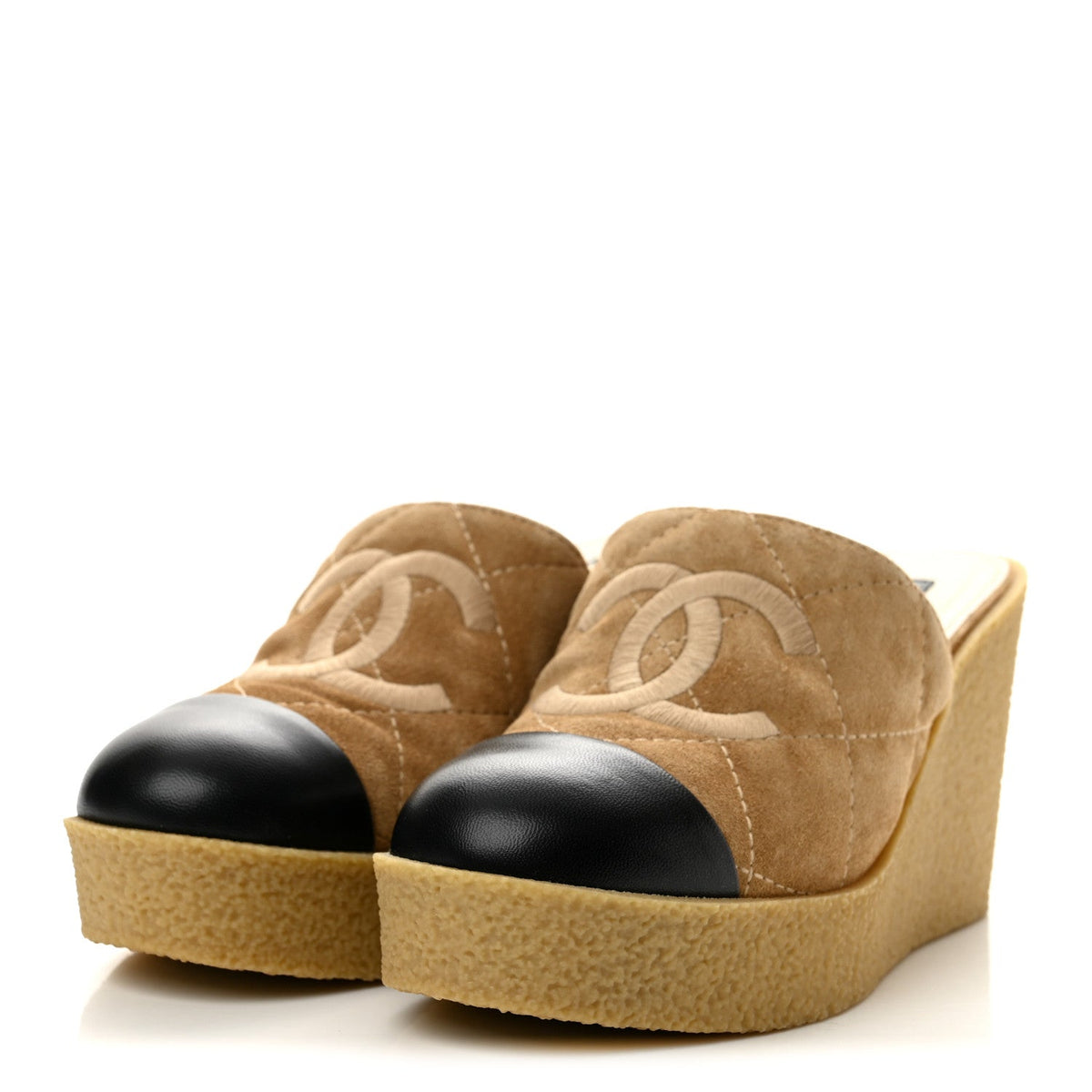 Suede Calfskin Lambskin Quilted CC Mules 39 Beige Black