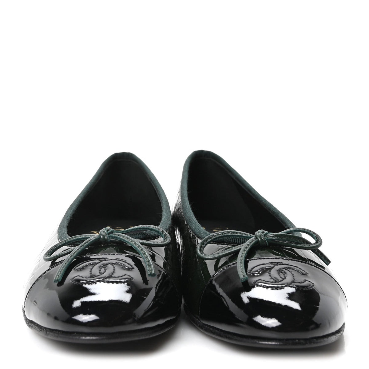Crocodile Embossed Patent Calfskin Cap Toe CC Ballerina Flats 38 Dark Green Black