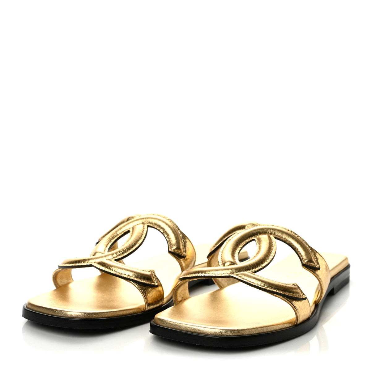 Crackled Laminated Calfskin CC Cut Out Mules Sandals 35.5 Gold