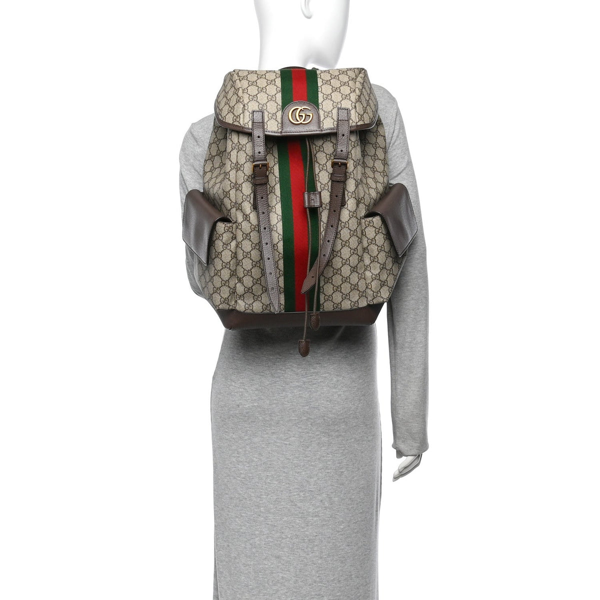 GG Supreme Monogram Medium Ophidia Double Buckle Backpack Brown